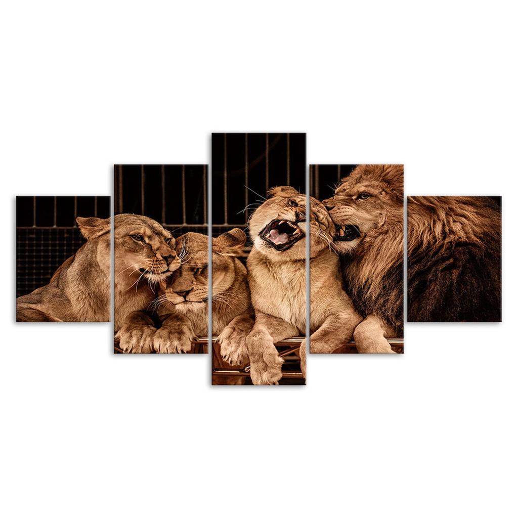 Lion Family Wildlife Animal 5 Piece Five Panel Wall Canvas Print Modern Art Poster Home Decor Gift For Him For Her