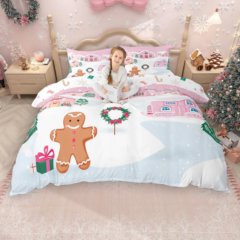 Homewish Kawaii Lebkuchen Bettbezug-Set für Mädchen Jungen, Weihnachtsbaum Weihnachtsmann Bettdeckenbezug-Set, Schneeflocken Bettwäsche-Set