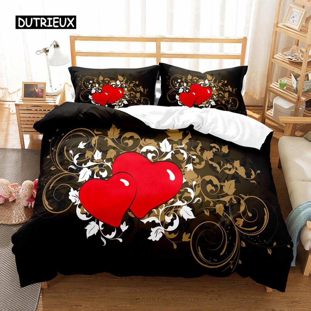 Love Heart Duvet Cover Set Single King Romantic Theme Bedding Set Rose Floral Comforter Cover For Valentine's Day Wedding Decor