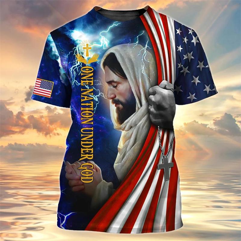 Men Tee Shirt Fashion T-shirt Summer Clothing Jesus Pattern USA Eagle Flag 3d Print Tops Casual Sportswear Oversized Tees Homme