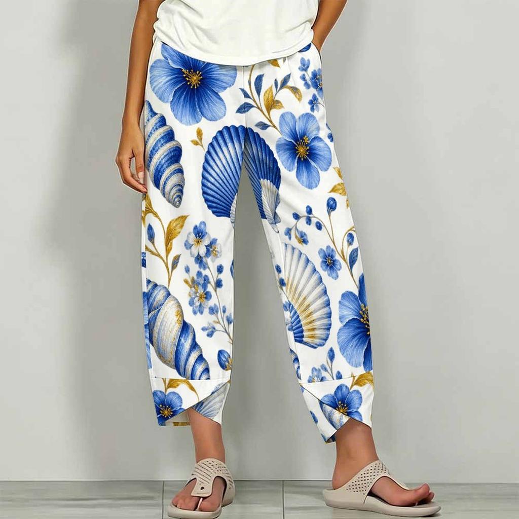 Women Plus Size Loose Nautical Print Cropped Pants Blue Beige Cross Hem With Pockets