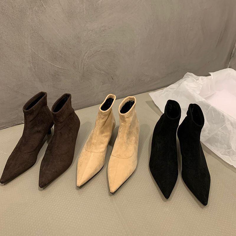 Naked boots Casual thin boots Women's niche small Korean high-heeled wind shoes Fleece thin heel pointed season suede short boots