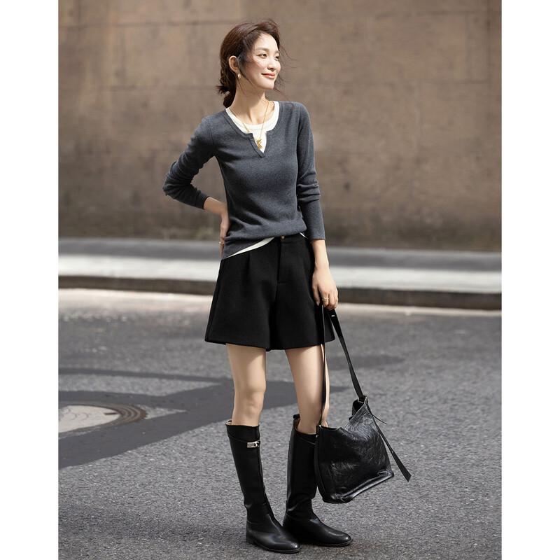 Women's Faux Two-Piece Color-Block Slim-Fit Knit Sweater with Wool