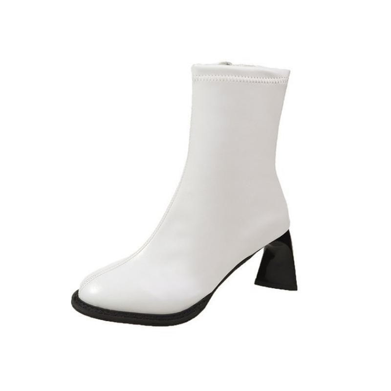 Round head retro thin boots women's early autumn new high-heeled short boots temperament versatile short tube side zipper thick-heeled boots