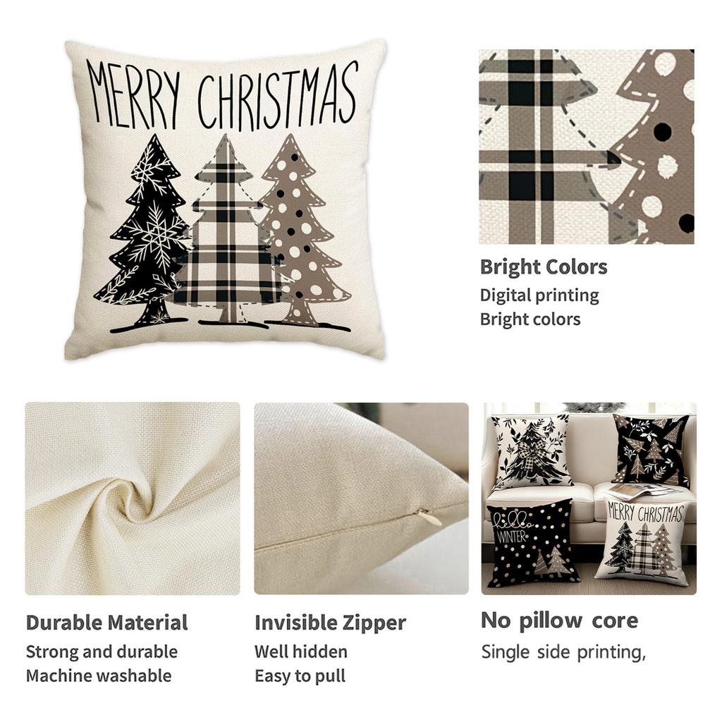 1/4pcs Christmas Black Christmas Tree Pattern Printed Pillow Cover, Decorative Home Sofa, Suitable for Living Room and Room