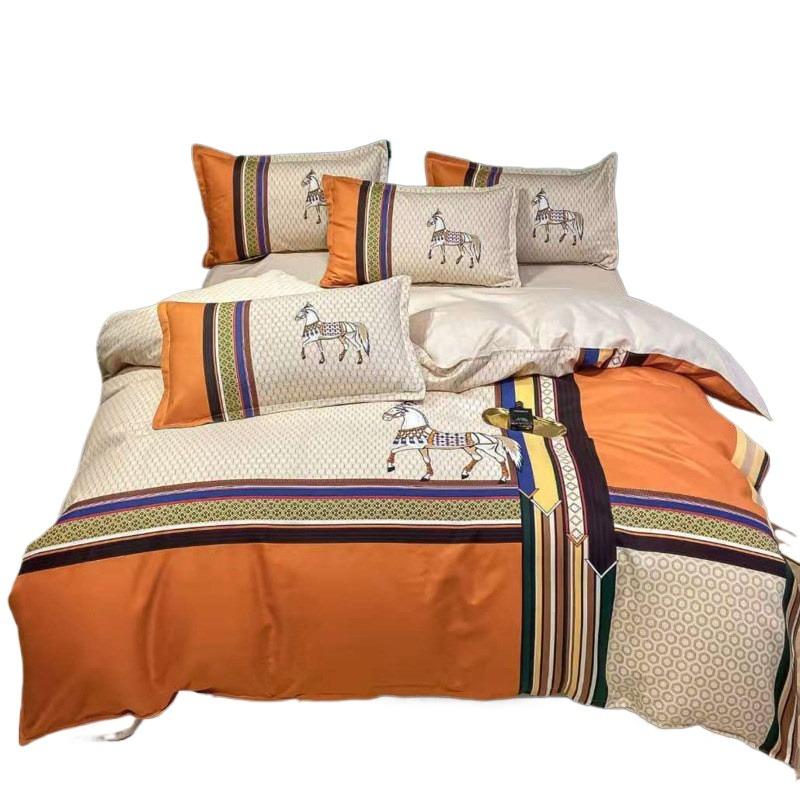 2PCS Single-sided Printed  Duvet Cover,Luxury Plaid Horse Bedding Set, European retro style Modern Duvet Cover with Pillowcases