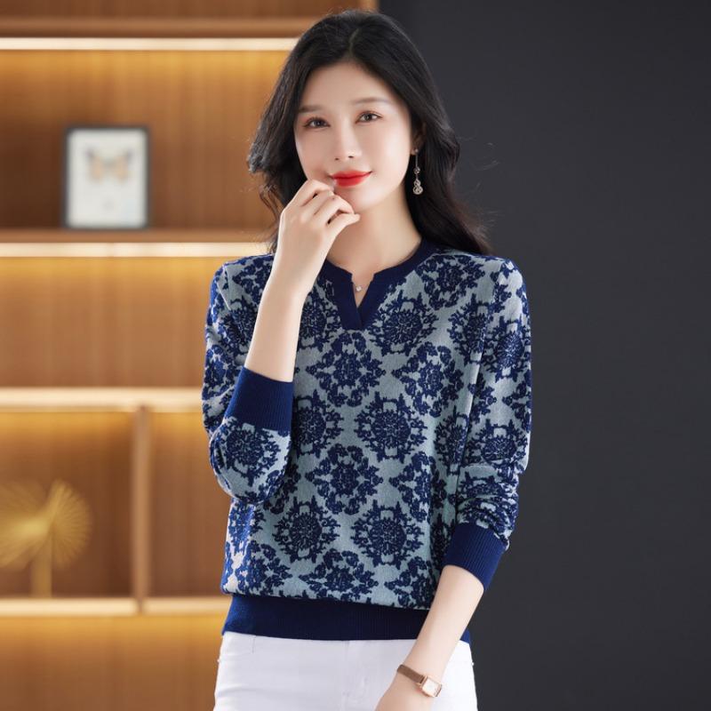 

Модная футболка с коротким рукавом женская тонкая осенняя одежда модный темпераментный жаккардовый трикотажный свитер с рукавом до локтя топ красивый свитер L темно-синий