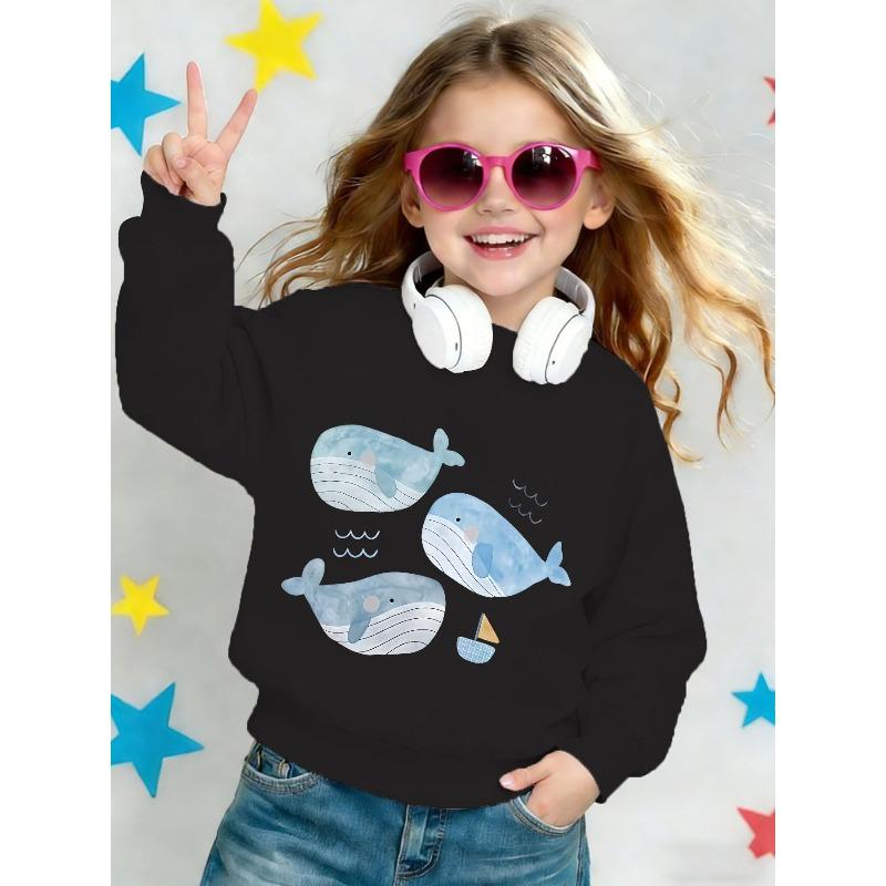 Kids Sweatshirt ,Round Neck,Spring/Autumn Cartoon Blue Whale Sailboat Cute Ocean Style Children's Top, Loose Fit Versatile Printed Casual Sweatshirt