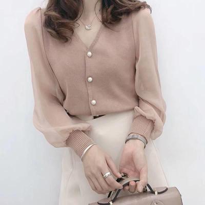 Lace Chiffon Knitted Top Women's Spring New Short Cardigan Summer V Neck Long Sleeve Bottoming Shirt