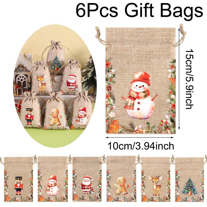6pcs Watercolor Christmas Linen Candy Bags Burlap Drawstring Gifts Storage Bags Christmas Decorations 2026 Xmas Navidad Natal