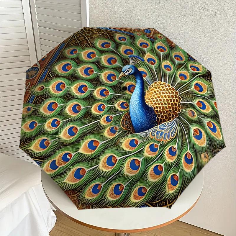 1PC Peacock FeatherAutomatic Open/Close Umbrella with Windproof, 8-Rib Sturdy Canopy, Durable Ribs, Fashionable Design, Outdoor Accessory, Fun Prin, H