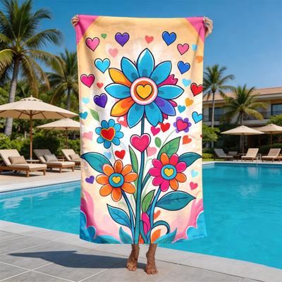 Pop Style Heart-shaped Floral Pattern Polyester Microfiber Beach Towel Is Highly Absorbent, Suitable Swimming and Beach Outings