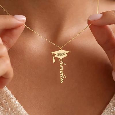 2026 Custom Name Graduation Cap Necklace Elegant Charm Personalized Stainless Steel Graduating Class Nameplate Jewelry Best Gift