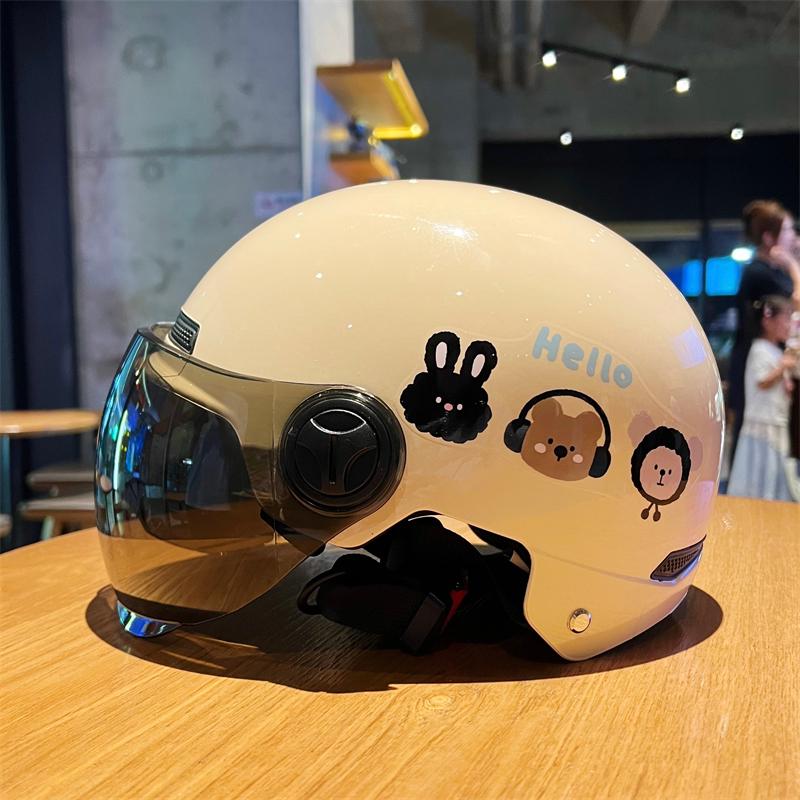 Women s Cute Full-Coverage Electric Vehicle Helmet with Sun Protection White (Tea Long Visor) 3C