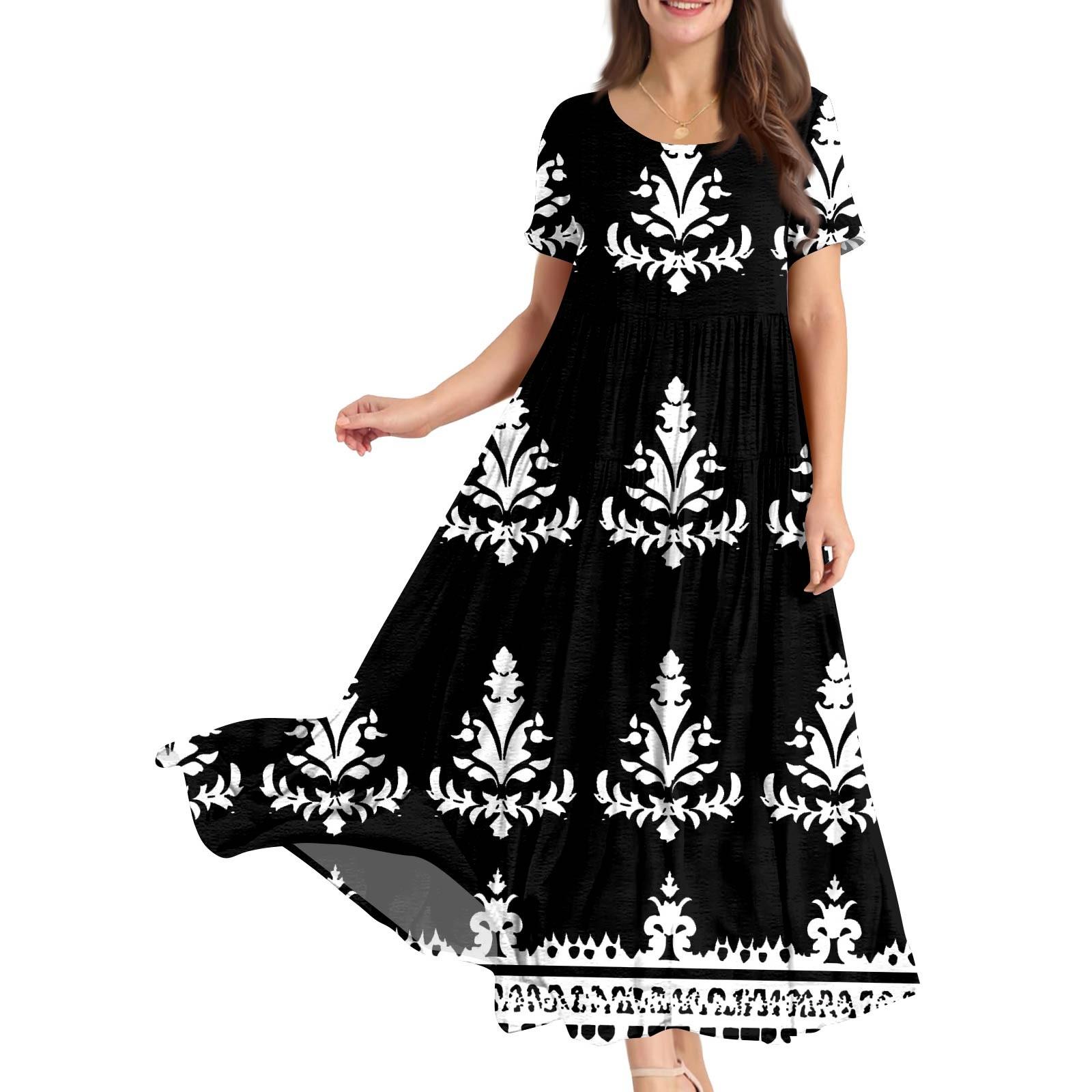 

Женские летние свободные платья в стиле бохо с круглым вырезом и коротким рукавом с цветочным принтом S чёрный