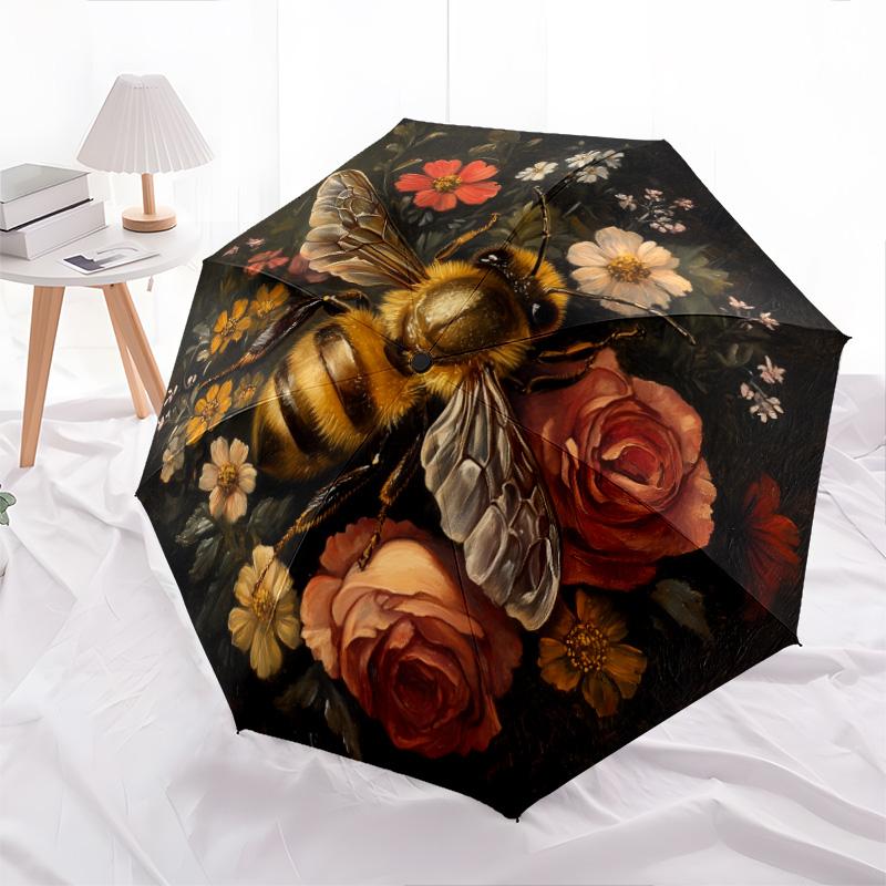 Bee Flower  Pattern, Automatic Folding Umbrella, Portable and Foldable Design, 8 Ribs, a Christmas or Birthday Gift.