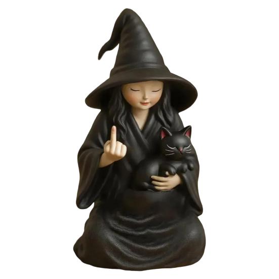 Halloween Ornament Dark Humor Witchcraft Vibe Creepy Witch Statue Black Robe Cat Themed Resin Home Decor