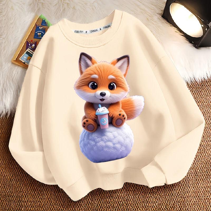 Cute Milk Tea Little Fox Round-neck Hoodie for Children, Fashionable Long-sleeved Casual Hoodie for Boys and Girls in Spring and Autumn