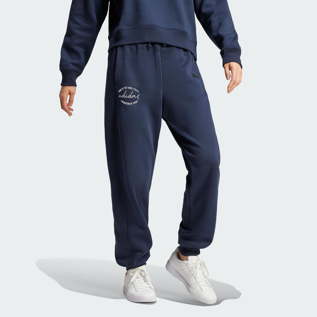 Adidas Signature Print Fleece Joggers Fashion Comfortable Loose Fit Knit Sports Pants Women Joggers Legendary-Ink-Blue IY1473