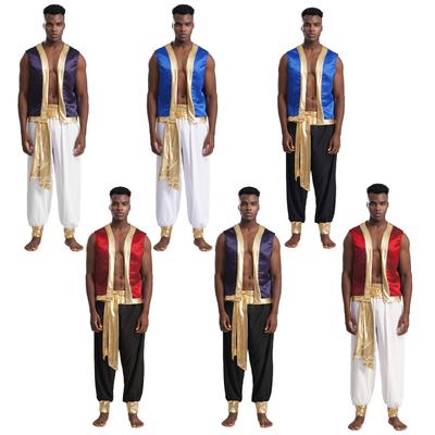 Costum Prinț Arabesc pentru Bărbați M-3XL Set 2 Piese, Vestă Deschisă cu Accente Metalice Strălucitoare cu Pantaloni Lungi pentru Halloween, Cosplay și Petreceri Tematice