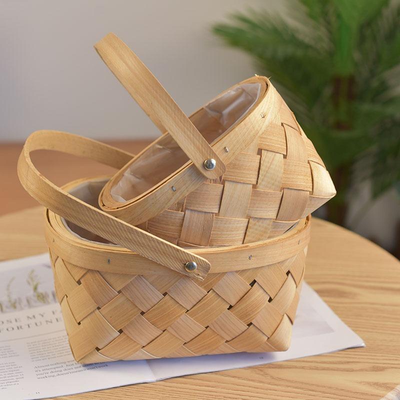 Flower Basket Wood Chips Portable Rattan Bamboo Basket Woven Pastoral Ornament Flower Arrangement Potted Plant Pot Simulation Flower Basket Ornament