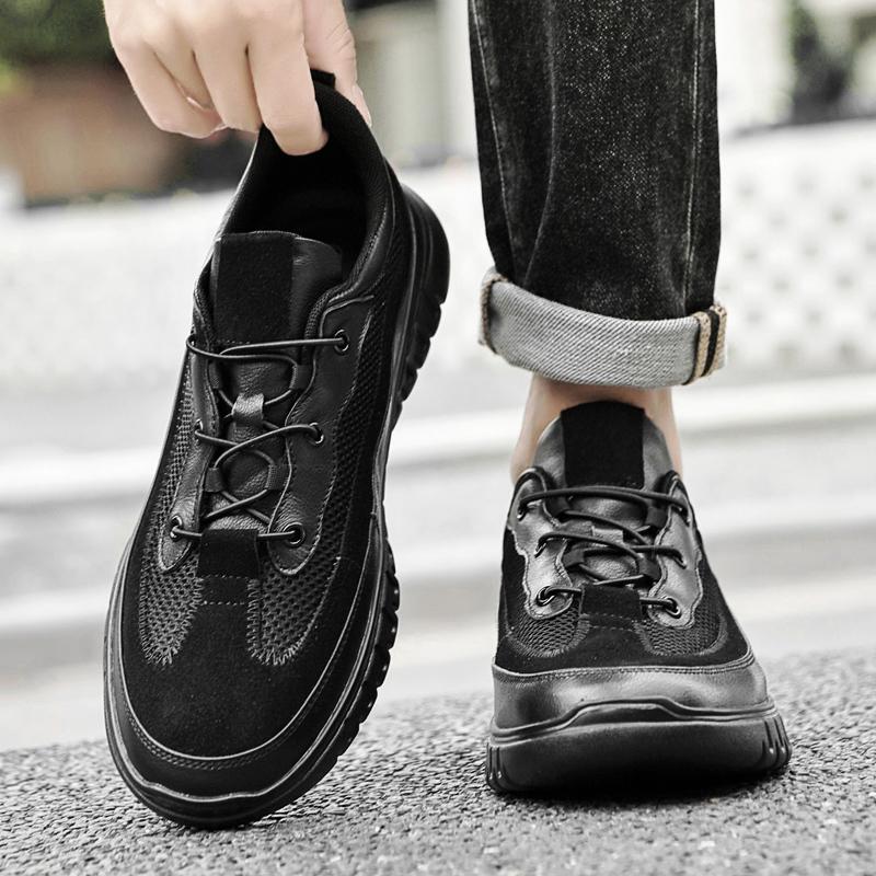 Fashion Trendy Brand Men's Genuine Leather Shoes Breathable Mesh Outdoor Hiking Shoes Simple Versatile Men's Sports Leisure Shoes