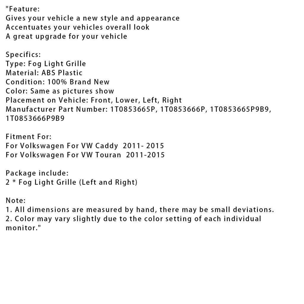 2 Τεμάχια Κάλυμμα Πλαστικό Φώτων Ομίχλης Προφυλακτήρα Γκριλ Συμβατό με VW Caddy Touran 2011-15 Χρωμίου