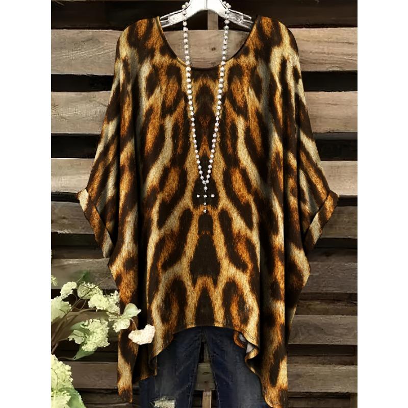 Летняя мода Новый продукт Леопардовый теневой узор Круглый вырез Печатный Повседневный Женский Круглый вырез Короткий рукав 1XL
