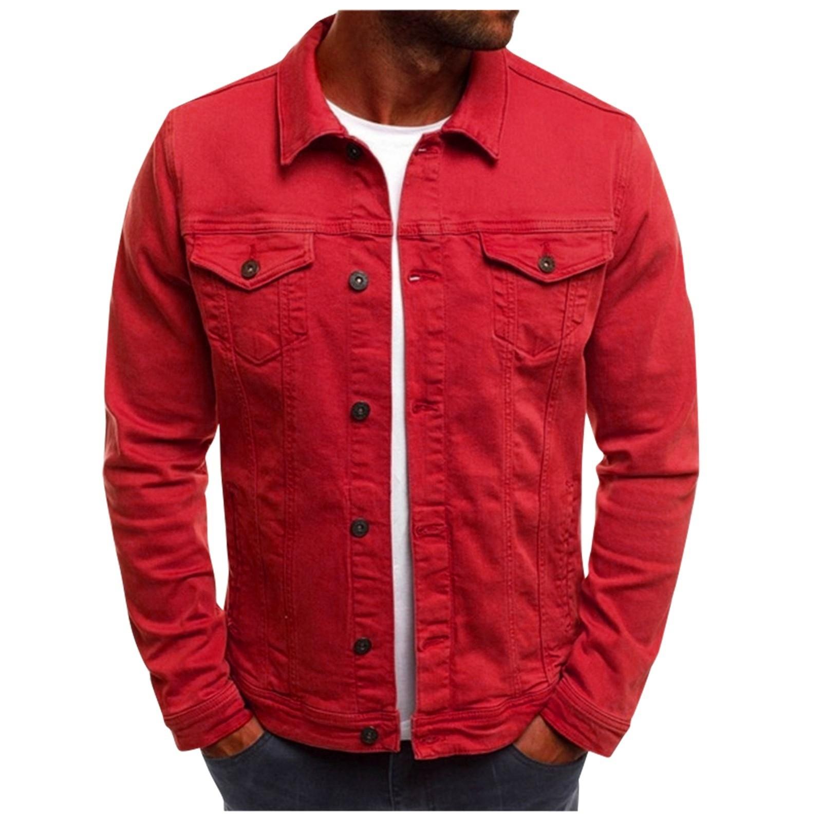 

Джинсовая куртка, повседневная однотонная куртка с воротником с лацканами, кардиган на пуговицах, мужская куртка-карго XXL красный