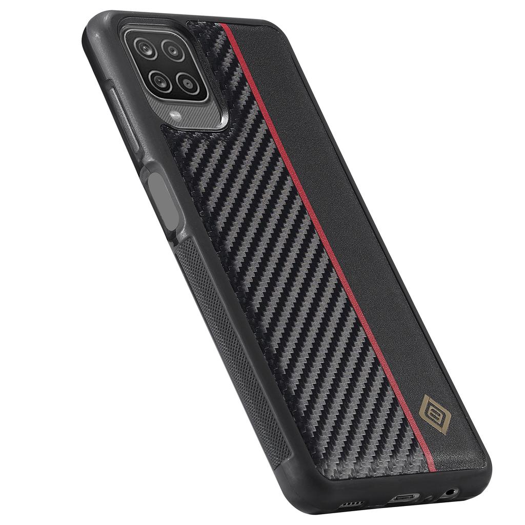 LC.IMEEKE For Samsung Galaxy A12 PU Leather Coated TPU+EVA Case Carbon Fiber Phone Cover