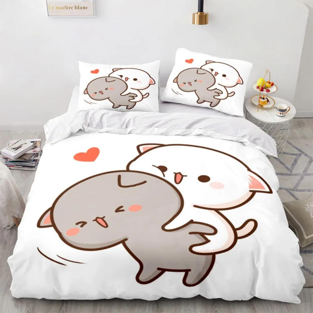 Cartoon Lovely Peach Cat Bedding Set Boys Girls Twin Queen Size Duvet Cover Pillowcase Bed Kids Adult Fashion Home Textileextile