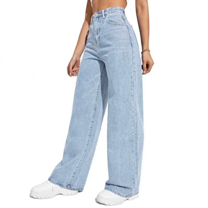Womens High-Waisted Slim Fit Straight Leg Denim Jeans Cotton Blend Style