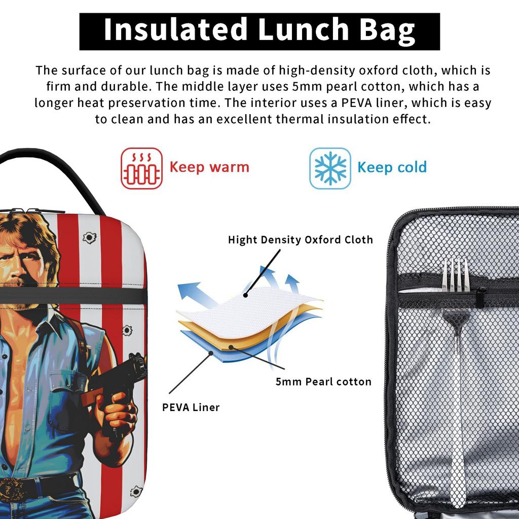 Chucks Norris Lunch Bag  Portable Zipper Lunch Box Women School Custom Cooler Bag Fun Oxford Thermal Lunch Bags
