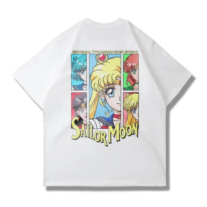 White Oversized Sailor Moon T-Shirt with Inner Senshi Collage Print (Retro 90s Anime Aesthetic) 4XL