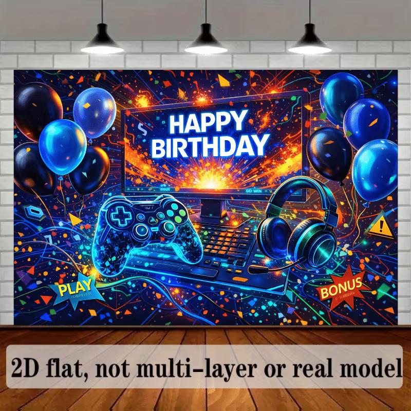 Telo di Sfondo per Compleanno Gaming 2D per Bambini, Decorazione Festa Game al Neon Blu