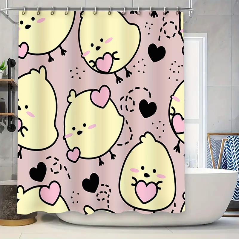 

Adorable Yellow Duck Cartoon Print Shower Curtain Set For Bathroom Decor Home Accessories Pink Black Hearts Design W60H190(CM)-1 Pcs