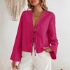 Women's V Neck Long Sleeve Blouse Loose Fit Casual Solid Tie Front Flare Sleeve Crop Top
