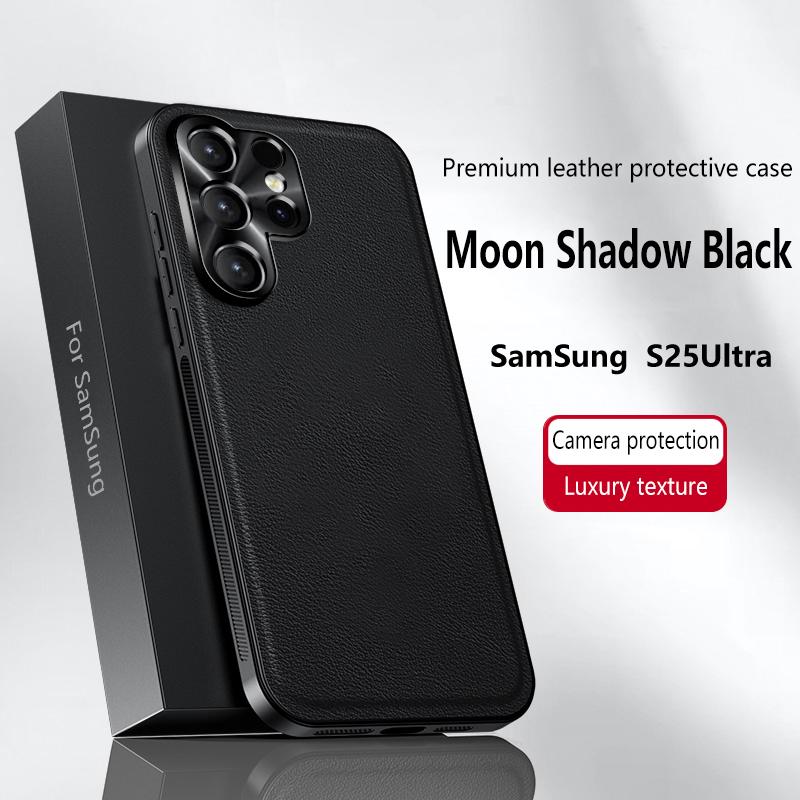 Metal Camera Protection Leather Phone Case For Samsung Galaxy S25 S24 S23 S21 FE S22 Ultra S25 Plus Silicone Edges Back Cover