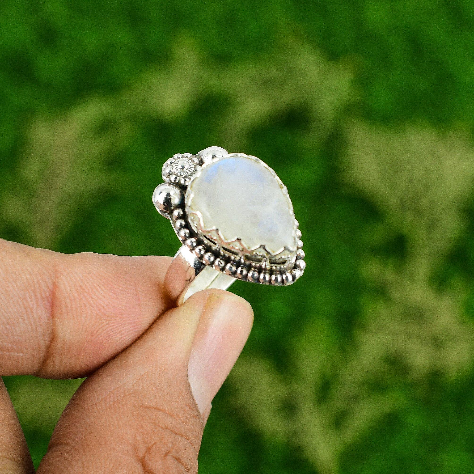 

Natural Rainbow Moonstone Boho Stackable Bezel Promise Ring 925 Sterling Silver Adjustable