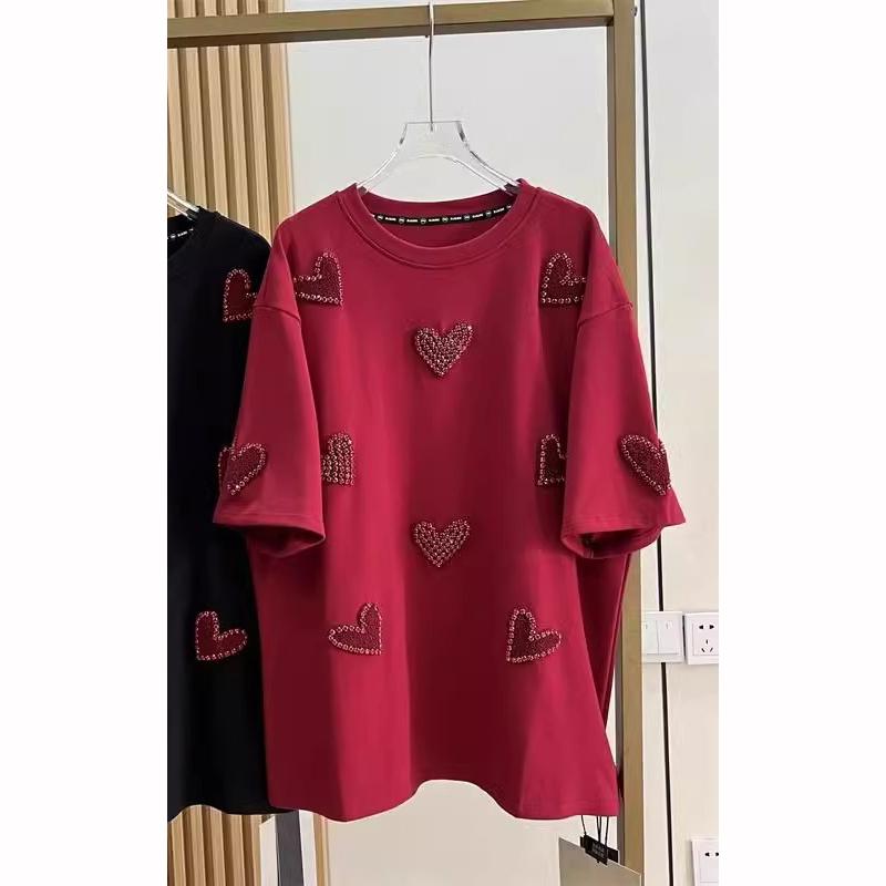 

Весенняя вышитая рубашка с сердечками для женщин с коротким рукавом свободного кроя XXXXL красный