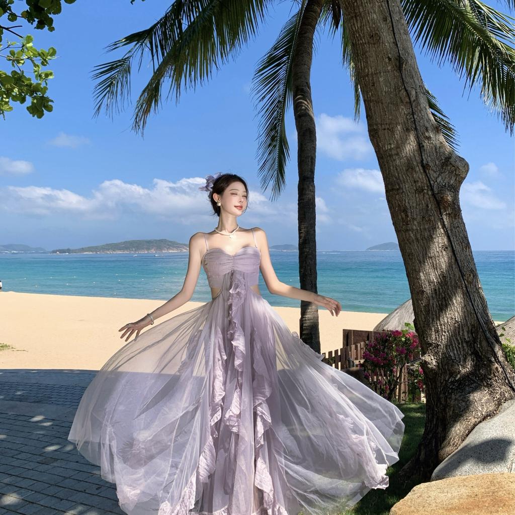 A Skirt with a Bow and Blue Spaghetti Strap Dress for Women, Summer Design Style, Sweet and Spicy, Waist-cinching A-line Long Dress