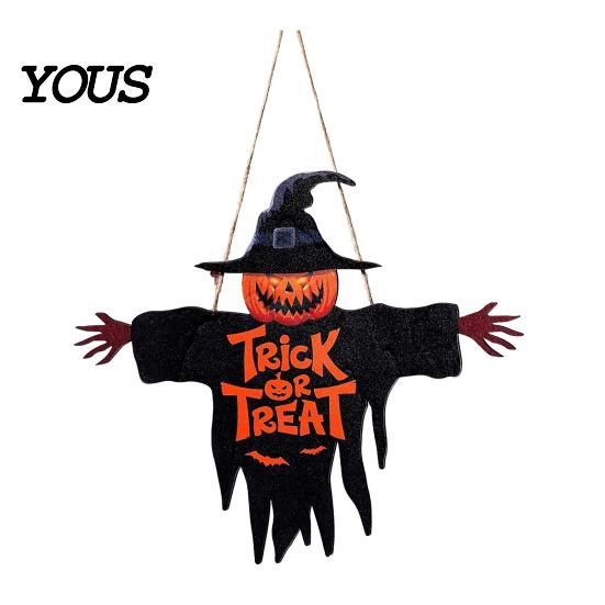 Halloween Window Decoration Wooden Hanging Door Sign, Scarecrow Pumpkin Wizard Ornament, Trick or Home Ornament Treat Plaque, Rustic Party Wall