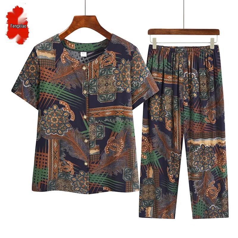 Elderly Women s Floral Cotton-Silk Summer Two-Piece Set
