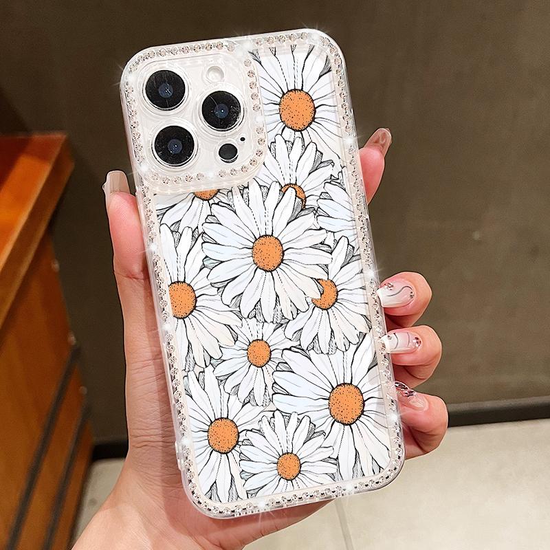 Diamond Frame Clear Anti-Fall Phone Case For iPhone 16E 16 Pro 15 Pro Max 14 13 12 11 Floral Print Soft Silicone Shockproof Bumper Cover