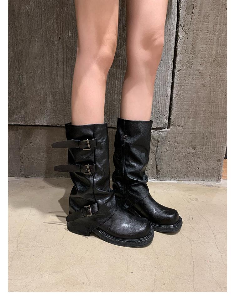Grape mother two versions of height increase fashionable new belt buckle square round head fold medium tube knight boots boots women's autumn