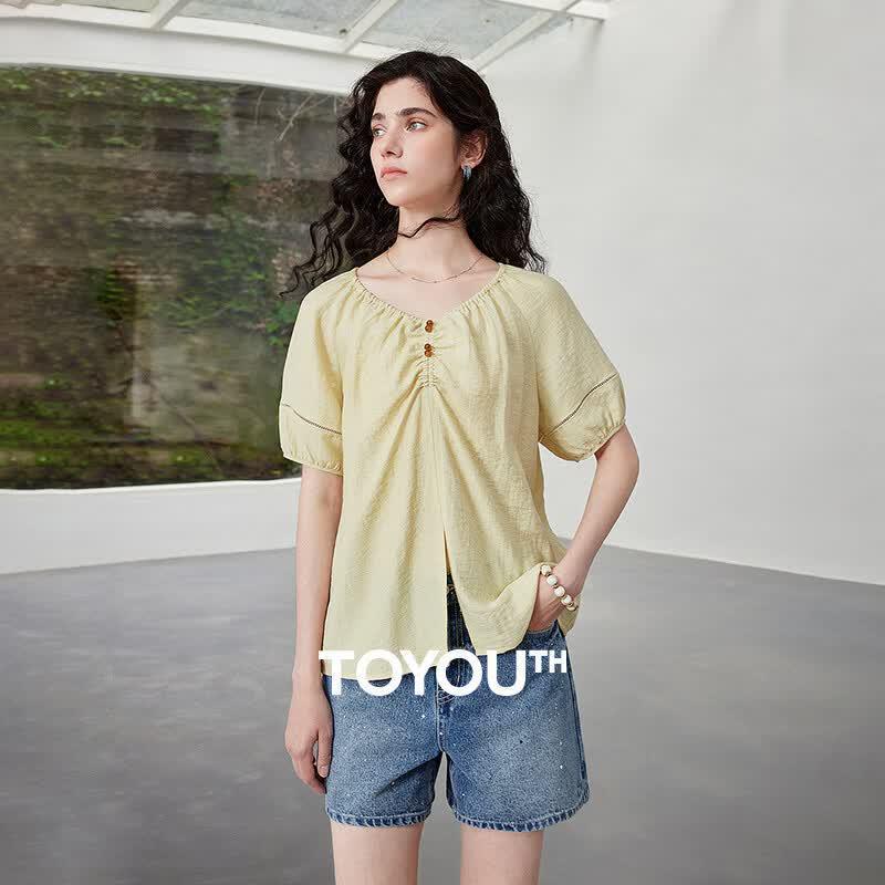 Chuyu Women s Linen Blend Hollow-Out Puff Sleeve Top XL