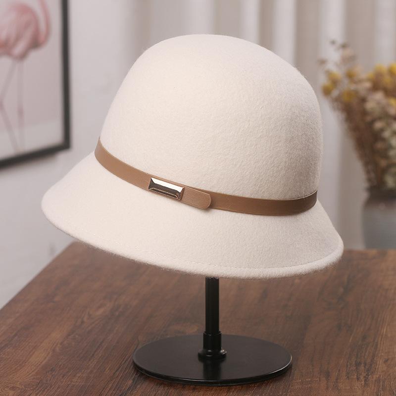 Hat women's autumn and winter new woolen woolen basin hat British retro decorative top hat simple and small bucket hat