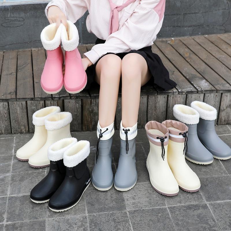 rain shoes women's adult short water shoes non-slip waterproof boots wear-resistant four-season students versatile solid color warm rain boots women