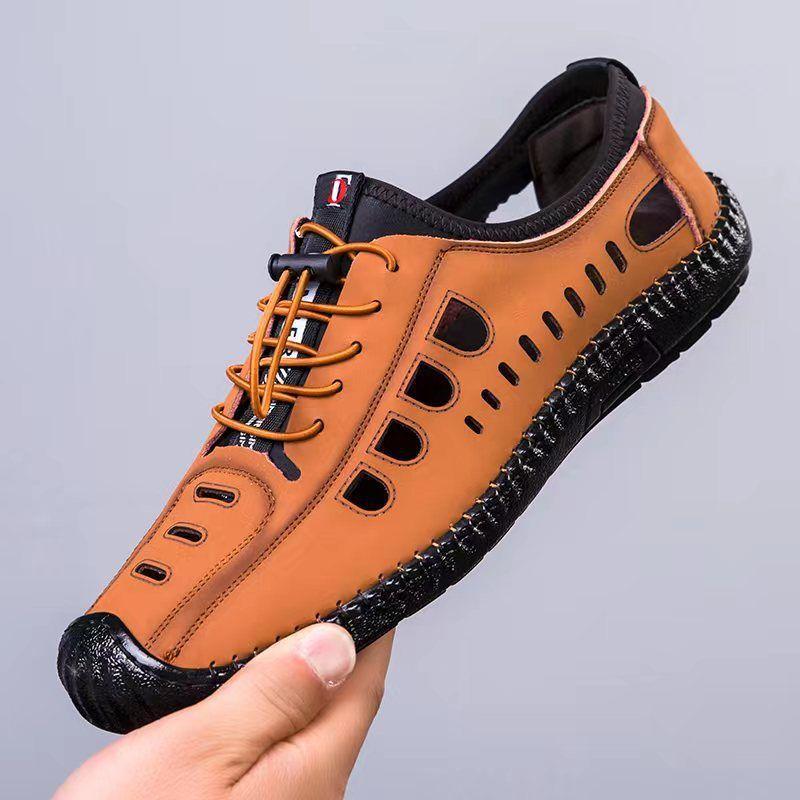 

Men s sandals summer new hollow hole shoes breathable cool leather shoes one pedal casual sandals 44 чорний