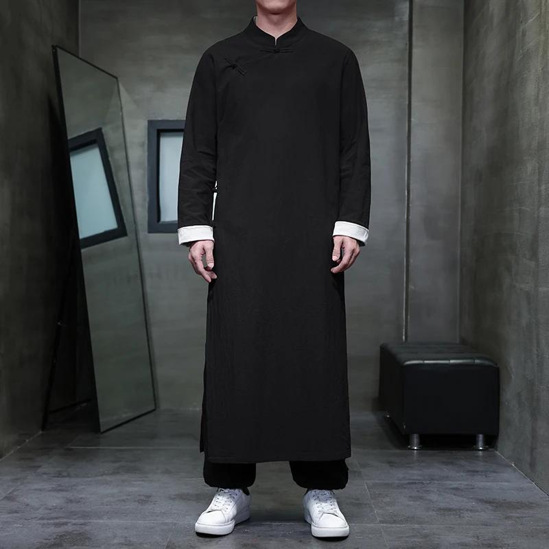 

2025 Мужские натуральные льняные хлопковые халаты очень большой длины Мужской костюм халат Кунг-фу Тай-чи Галстук-бабочка Платье Ципао Свадебное платье 5XL чёрный